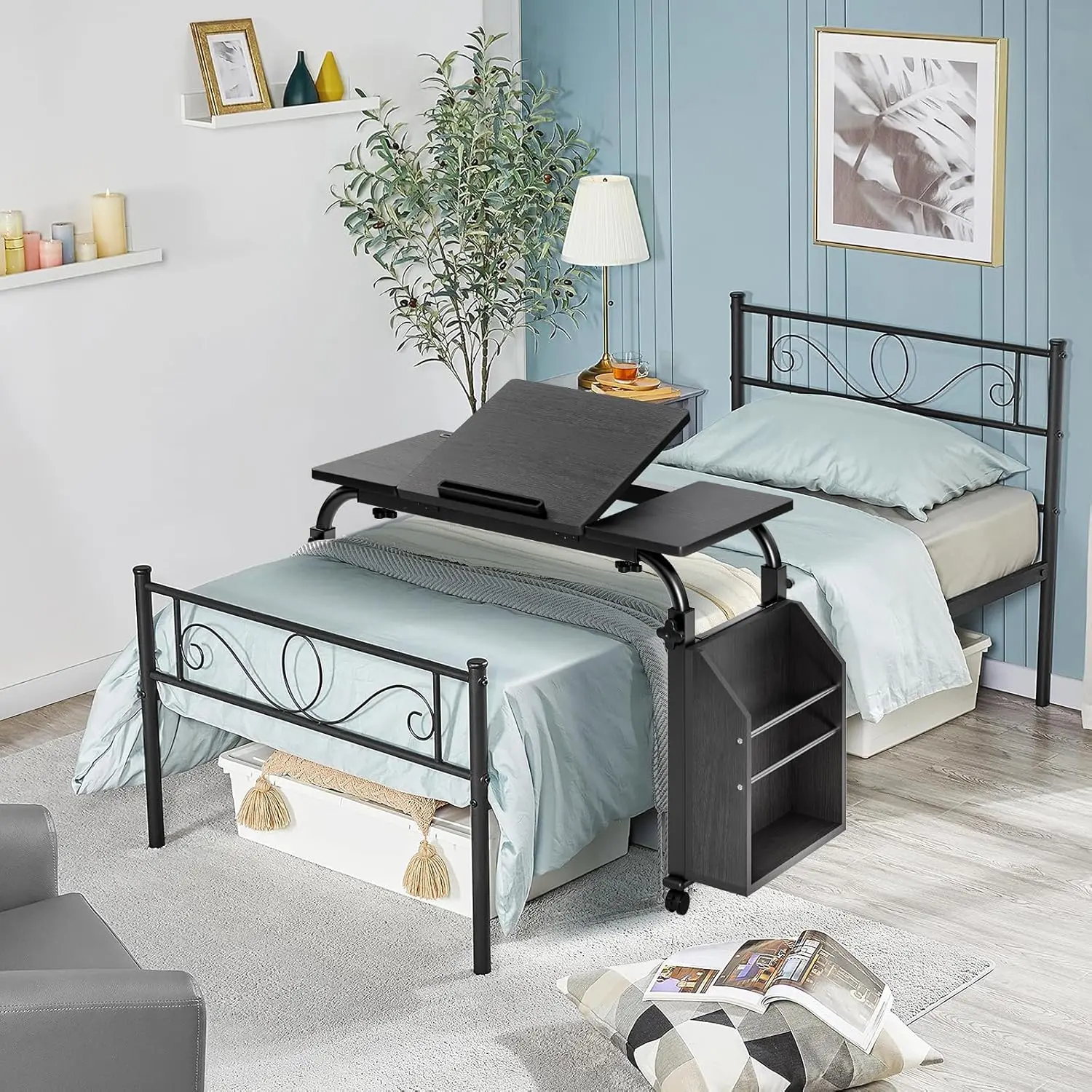 Lockable Wheels Overbed Bedside Table - Rolling Multi-Use Height Adjustable Desk, 350lbs Load Capacity, Easy Setup, Adjustable Length Tabletop, Fits Single Beds, Indoor Hospital Furniture, Assembly Required