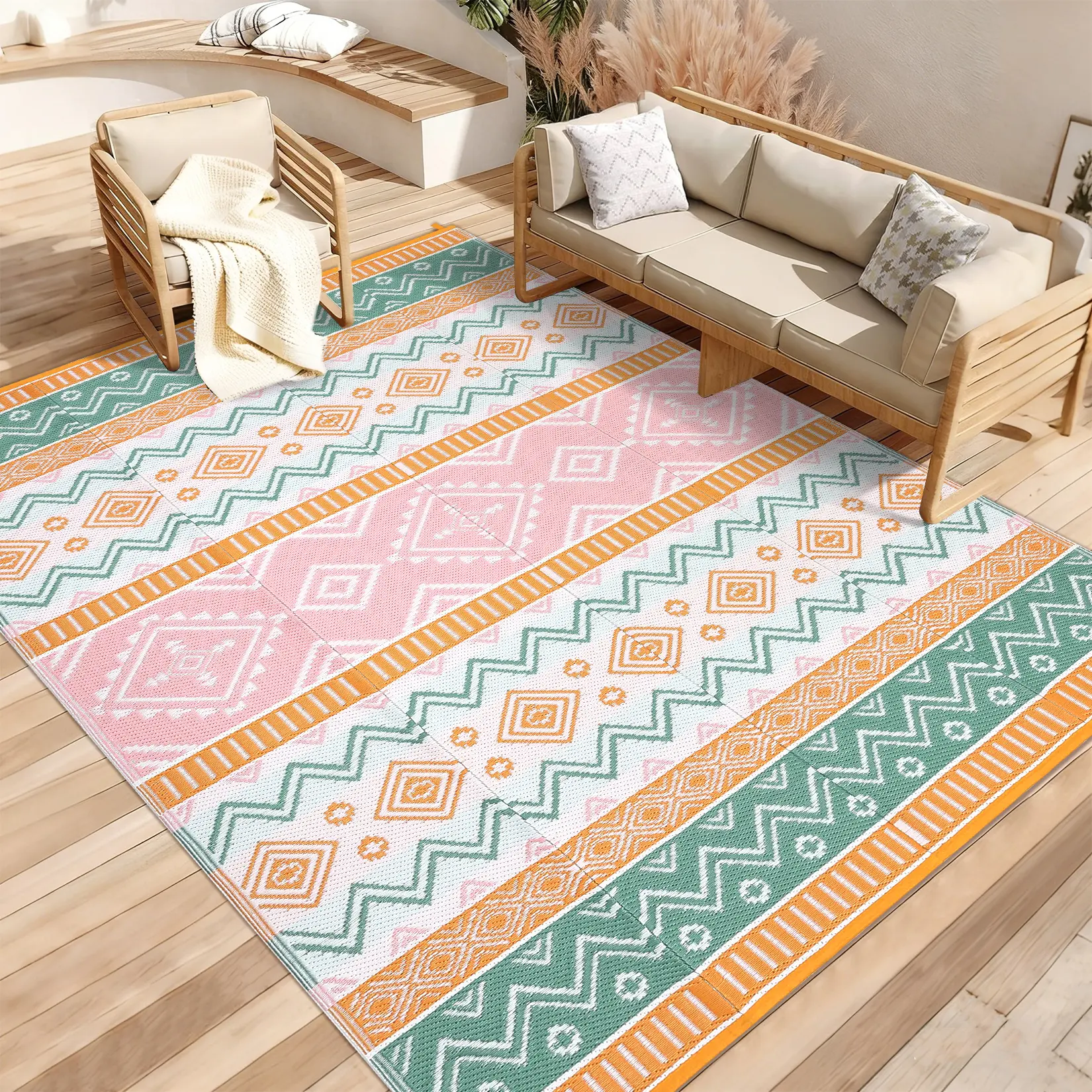 Outdoor Area Rug Waterproof Plastic Straw Rug, Reversible RV Mat, Stain-Resistant Indoor Outdoor Carpet for Picnic, Deck, Balcony, Beach, Patio, Outdoor Rug