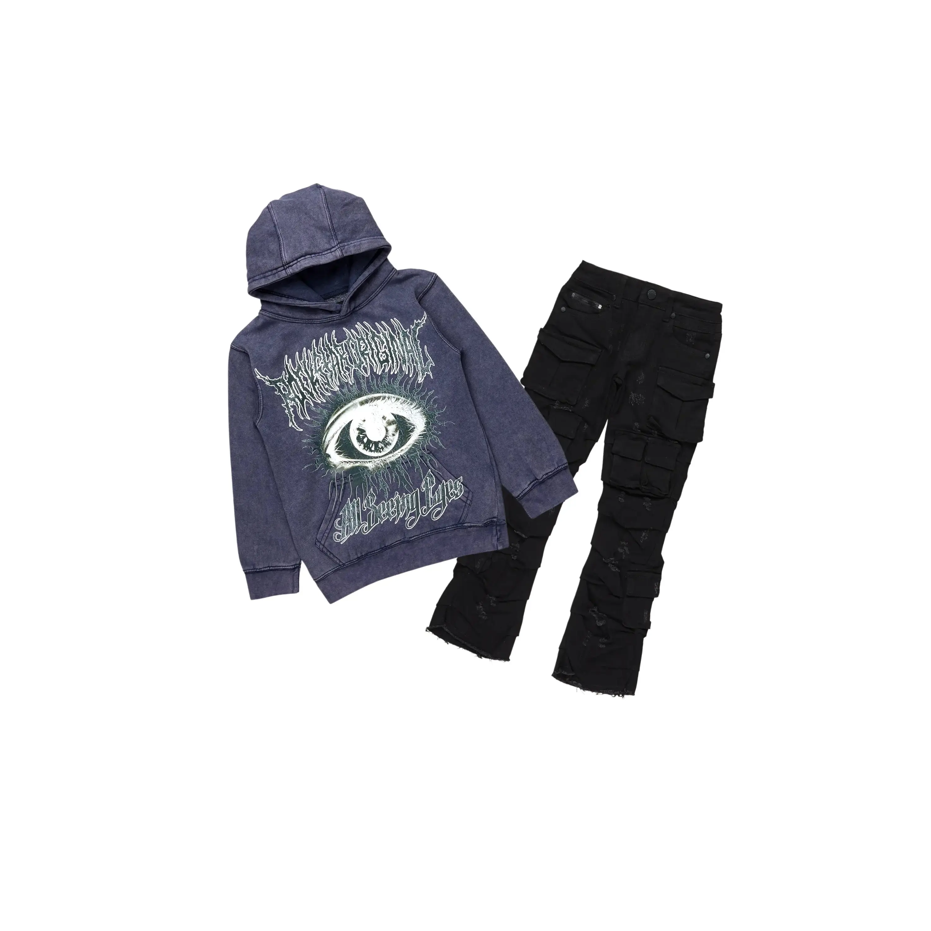 Boys All Eyes Vintage Navy/Black Hoodie/Stacked Flare Jean Set