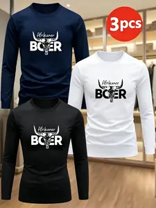 Men's 3-Pack Afrikaner Boer Bull Print Long Sleeve T-Shirts, Fitted Round Neck, Casual Spring Fall Wear, Navy Colors