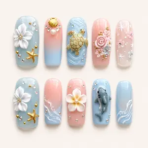 Ocean Bloom Press On Nails Summer Beach Vibe, 3D Turtle Dolphin Starfish Floral Nail Art, Soft Blue Pink Vacation Nails for Tropical Getaway