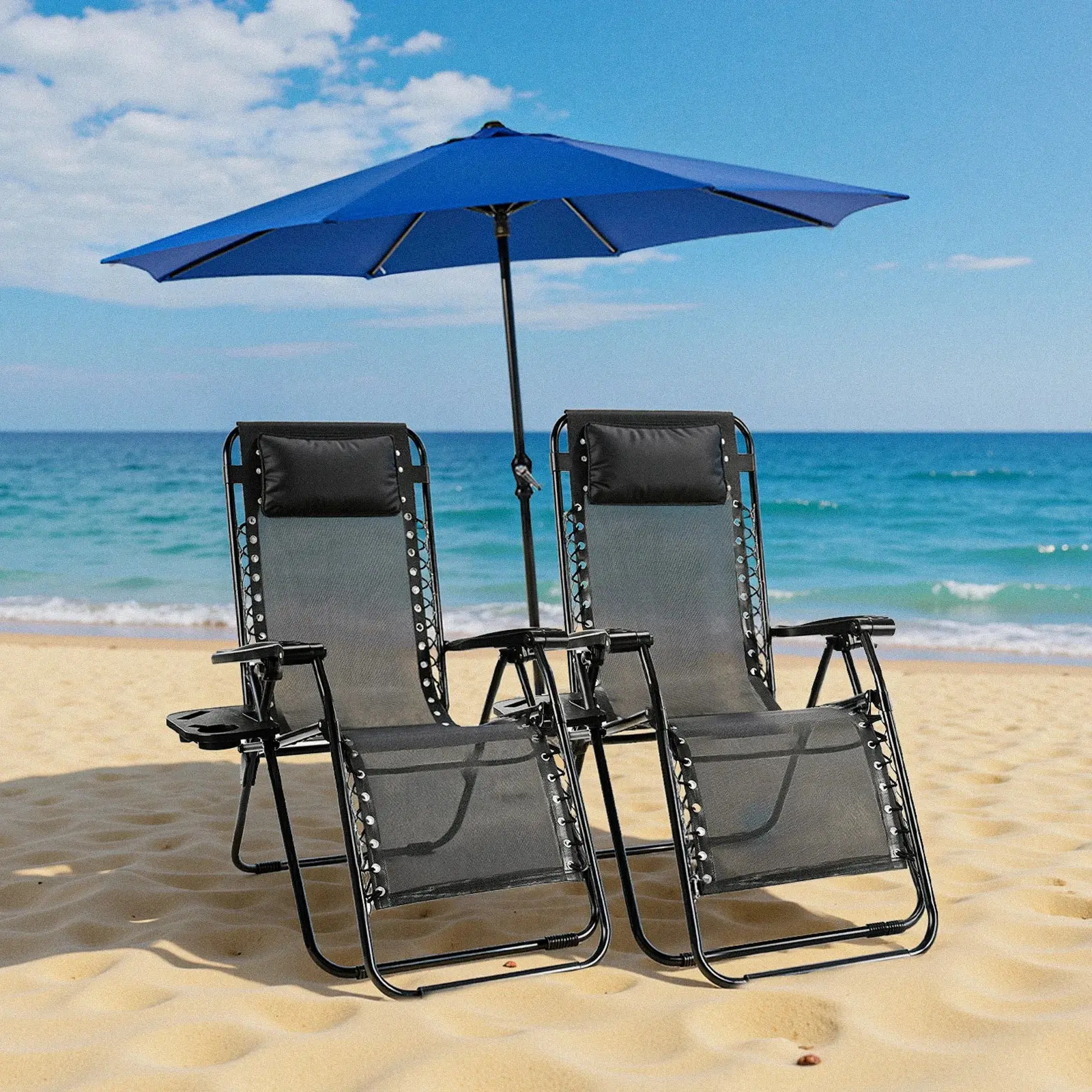 Portable Outdoor Lounge Chair with Cup Holder - Single or Set Option, Adjustable Foldable, Collapsible, Flex Fold, Fold-Up, Lightweight Sunlounger, Adjustable Foldable Sunloungers, Collapsible Portable Sunloungers