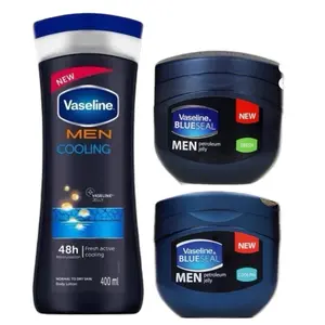 Vaseline Men Cooling 400 ml Lotion, 100 ml Fresh Petroleum Jelly, 100 ml Cooling Jelly | Hydrating Blend Moisturizing Body Care