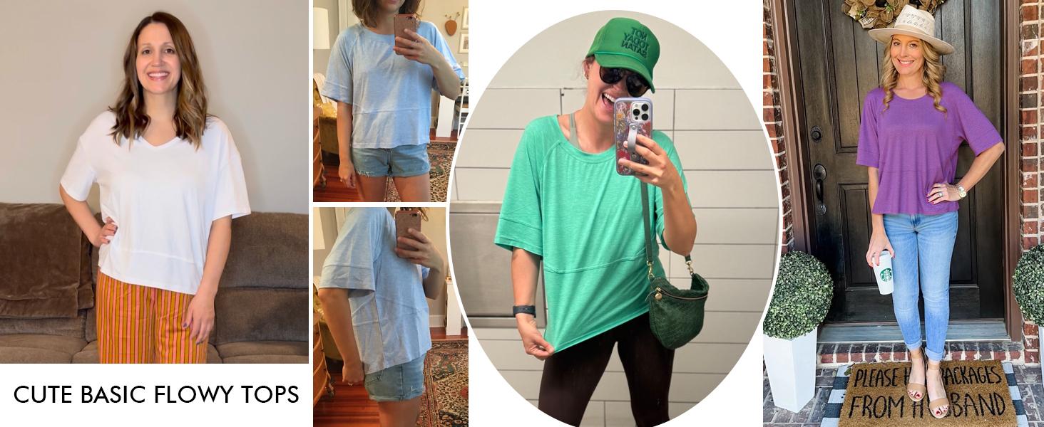 Imily Bela Women's Summer Casual Crewneck Batwing Half Sleeve T-Shirts Solid Color Loose Fit Cute Basic Flowy Tops Tees Blouses Summervibes