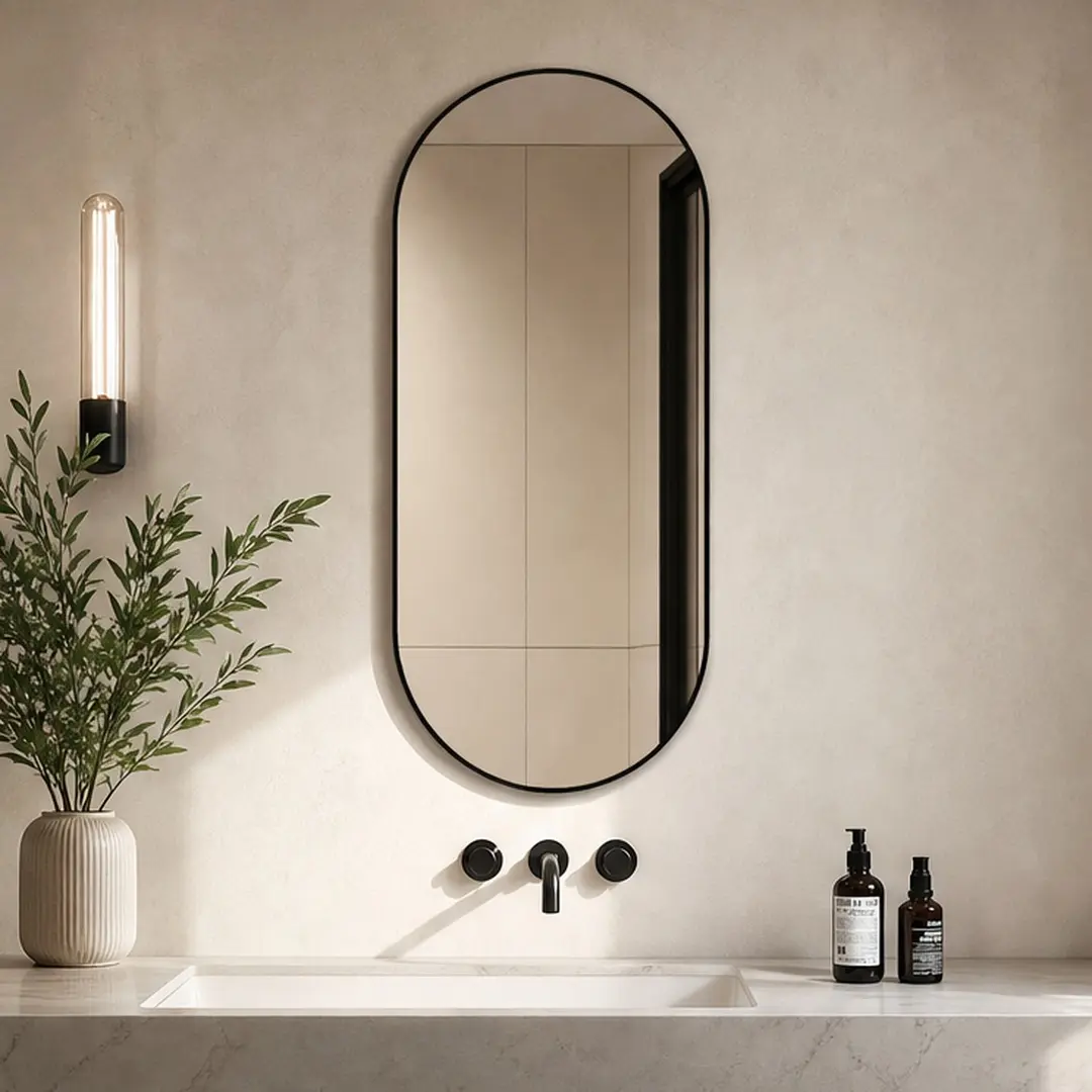 ARCH 48x24 Inch Black Bathroom Vanity Mirror Wall Mounted, Framed Modern HD Glass Mirror for Bathroom, Bedroom, Entryway, Vertical or Horizontal Hanging, Sleek Metal Frame, Rounded Edges, Distortion-Free Reflection, Single Box Product