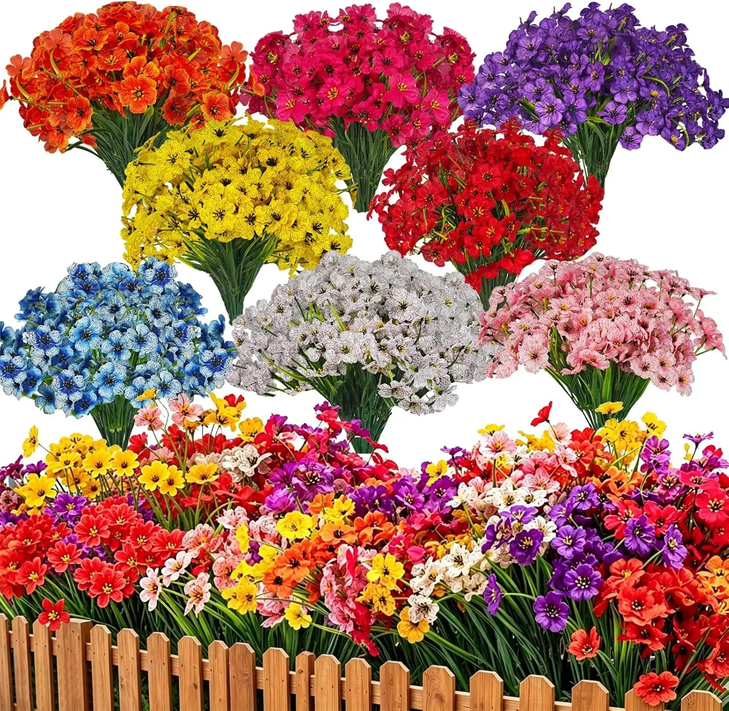 13-Inch 24-Bundle Mixed Color Hanging Artificial Flower Bouquet Set, No-Fade Faux Plastic Decorative Ornaments with Flexible Branches, Floral Decor Arrangement for Indoor/Outdoor Hanging Planters (6-Color/8-Color), Decorative Faux Flower Decorative Flower