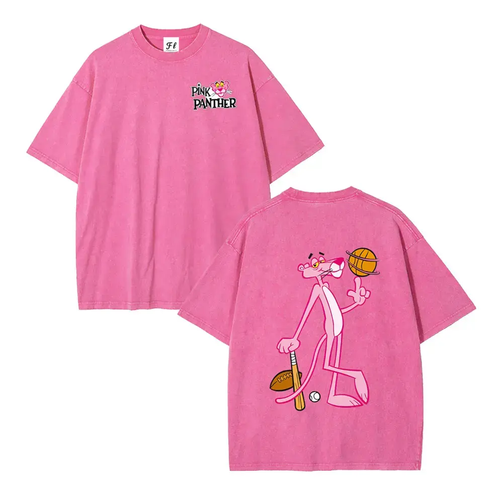 [PT]Retro Y2K Streetwear Style with Pink Panther & Baseball Print Washed T-Shirt Round Neck Short Sleeve Casual Summer Top Machine Washable Unisex Tee Men's & Women's 230GSM Heavyweight Cotton T-Shirt