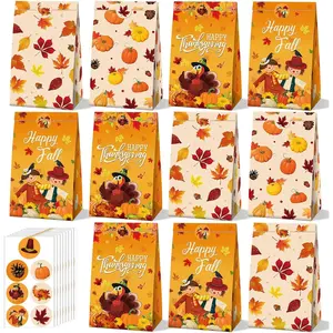 28-Piece Thanksgiving Gift Bag Set Autumn Leaf Candy Bags Children's Paper Bags Pumpkin & Turkey Theme Includes Sticker Candy Decorations Fall Party Supplies