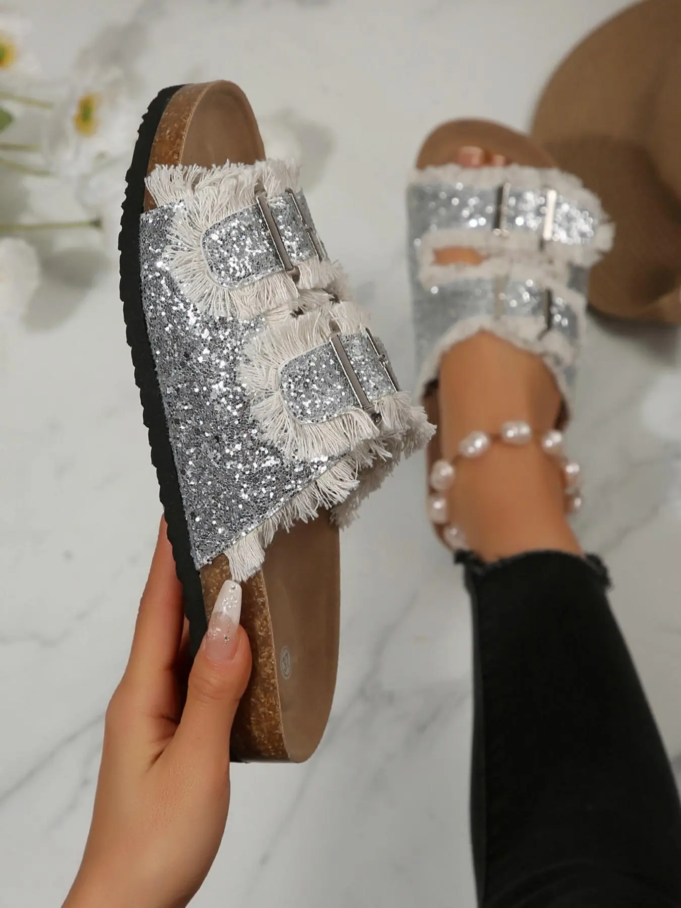 Women's Fashionable Glittering Sequin Decorated Slides, Casual Comfortable Fashion Slippers for Summer, Lightweight Breathable Shoes for Daily Wear, Girl, Flat Slipper