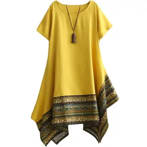 Mordenmiss Women's Linen Plus Size Short Sleeved Casual Dress Beach Irregular Hem Round Neck Printed Dresses