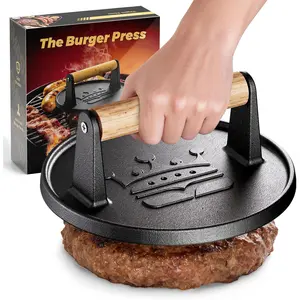 6.5" Burger Press, Cast Iron Flat Round Edge Grill Bacon Meat Hamburger Chef Press with Wooden Handle, 1.74 lb Hamburger Press Patty Maker for Griddles, Nonstick Burger Smasher for Griddle Accessories
