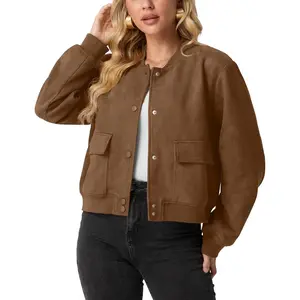 GRECERELLE Womens Faux Suede Leather Bomber Jacket Cropped Button Down Long Sleeve Casual Varsity Baseball With Pockets