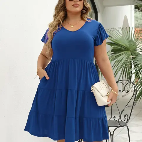 Plus Size Plain Ruffle Hem Butterfly Sleeve A Line Dress, Casual V Neck Short Sleeve High Waist Dress for Summer Beachy Style Dress, Women's Plus Clothing for Daily Wear, Womenswear
