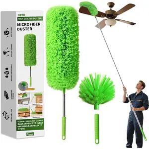 Washable Cleaning Duster Set with 15-110 Inch Telescoping Extension Pole, Includes 2 Duster Heads & Corner Brush, Long Reach Duster for High Ceilings, Ceiling Fans, Cobweb Spider Web Cleaning