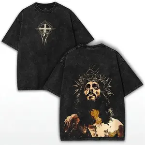 Men's Vintage Washed Heavyweight Graphic Faithwear T-Shirt - Crown of Thorns Print, Oversized Round Neck, Shortsleeve, Casual Streetwear Menswear Top