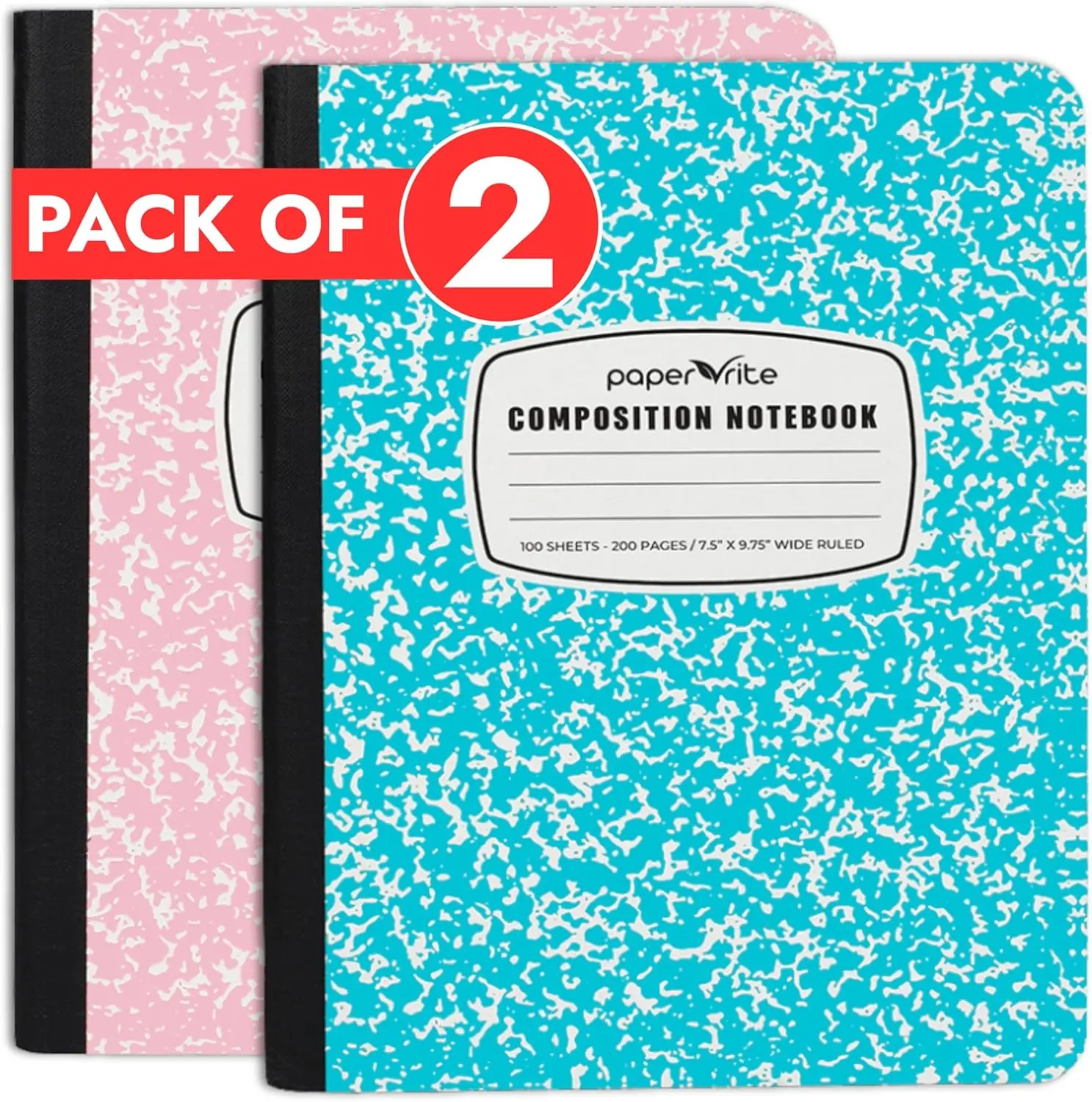 Paper Rite Assorted Marble Composition Notebook, Wide Ruled, 9.75x7.5 in, 100 Sheets/200 Pages, Durable Sewn Binding, Comfortable Writing Space, Easy to Carry (2, Blue & Light Pink)