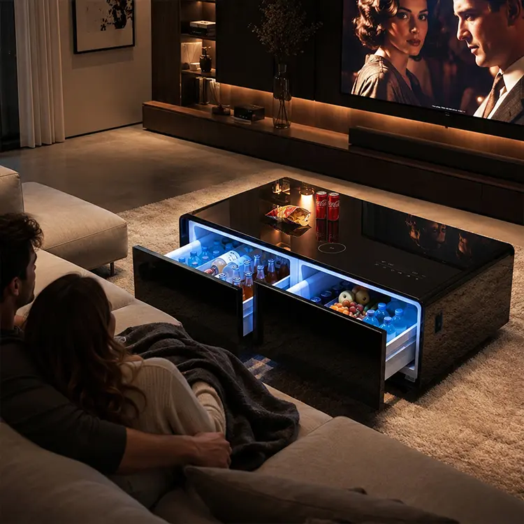 Smart Coffee Table with Fridge, Large Capacity Refrigerator Drawers, Bluetooth Speaker for Movie Night, Luxury Entertainment Furniture