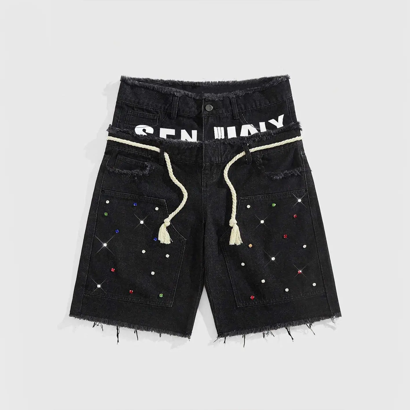 Sopula Studio Men's Vintage Y2k Trendy Letter Rhinestone Drawstring Loose Denim Shorts