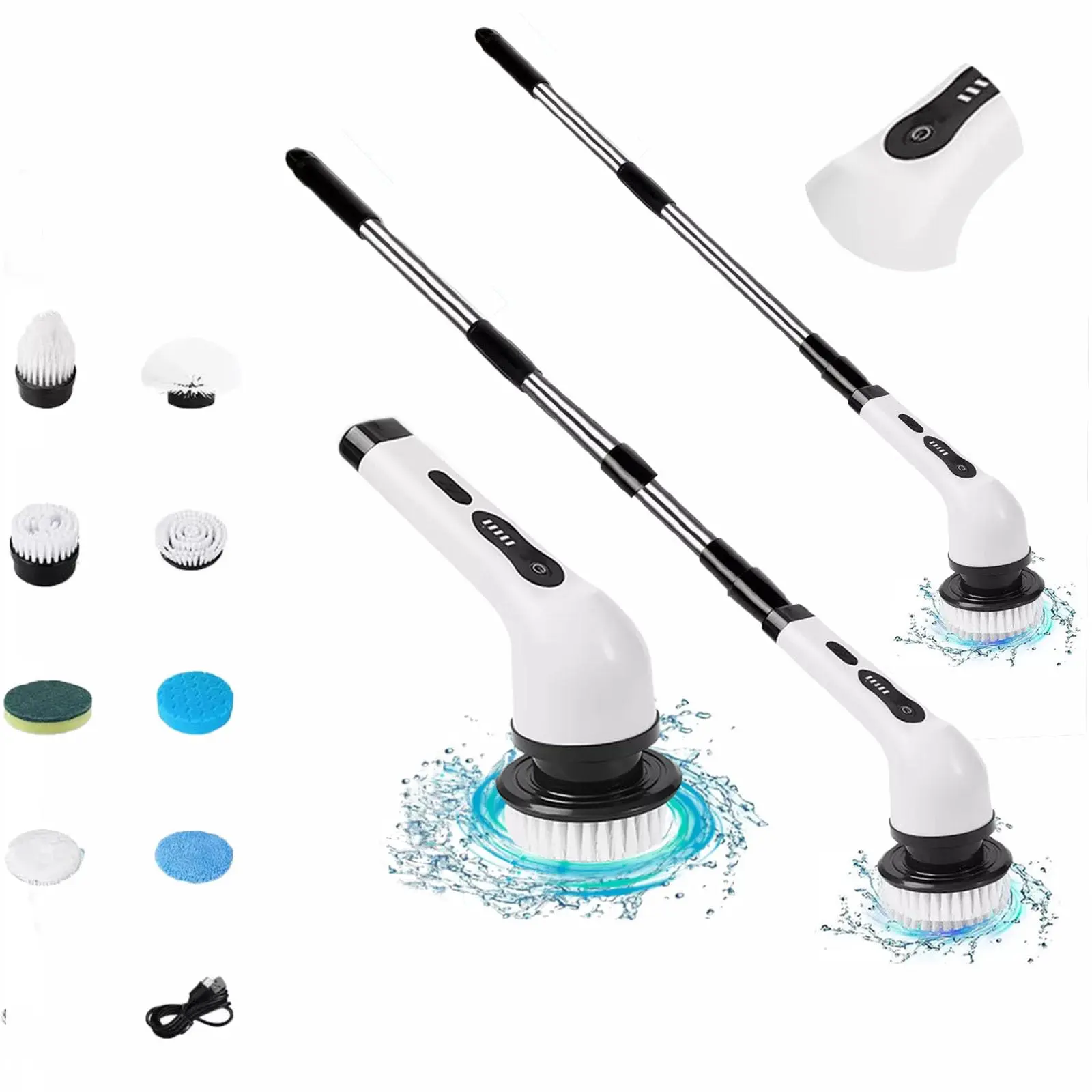 Electric cordless charging rotating floor cleaner - Wireless USB rechargeable cordless electric floor cleaner, adjustable speed, 8 replaceable brushes, no back pain, suitable for bathroom and kitchen cleaning