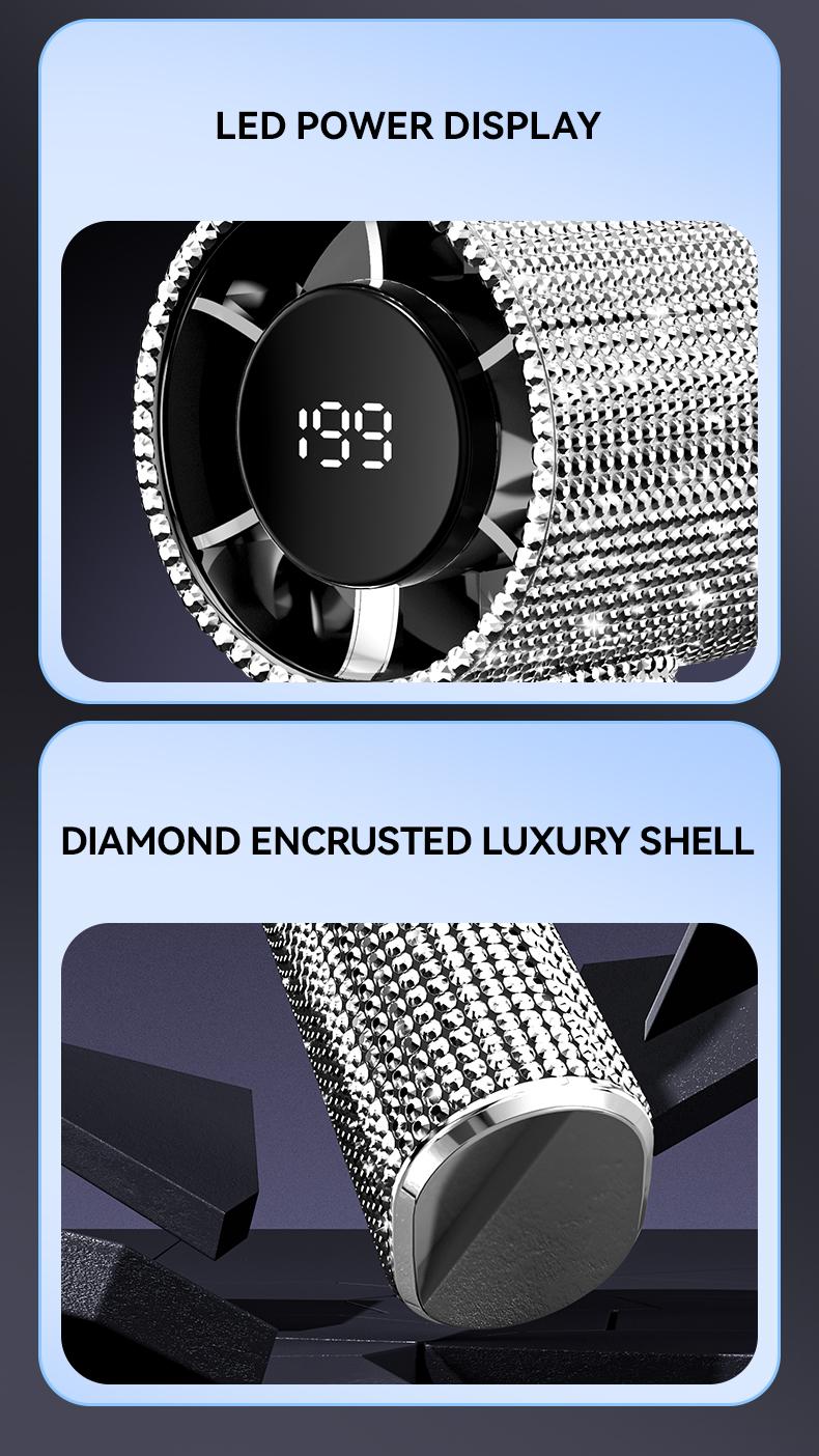 Diamond-Shimmering Luxury Fan-A Portable Handheld Turbo Fan 3 Gear Wind Rechargeable Long Battery Life Hand Fan With Digital Display For Outdoor Activities Travel Office Strong Boosting Output Long Distance Blowing