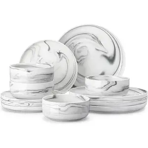 and Sets, 12 Pieces Porcelain Dinnerware Sets Dishware Sets Chip Resistant Dish Set Dining Dinner Ware Service for 4, Marble Grey, Series LUNA