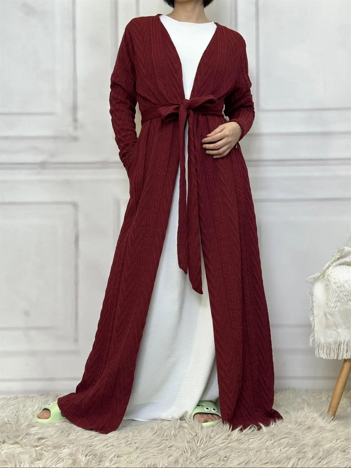 Winter Long Sleeve Knitted Robe with Pocket, Warm, Casual and Stylish Sleepwear for Home, Cozy Housecoat for Comfortable Lounging