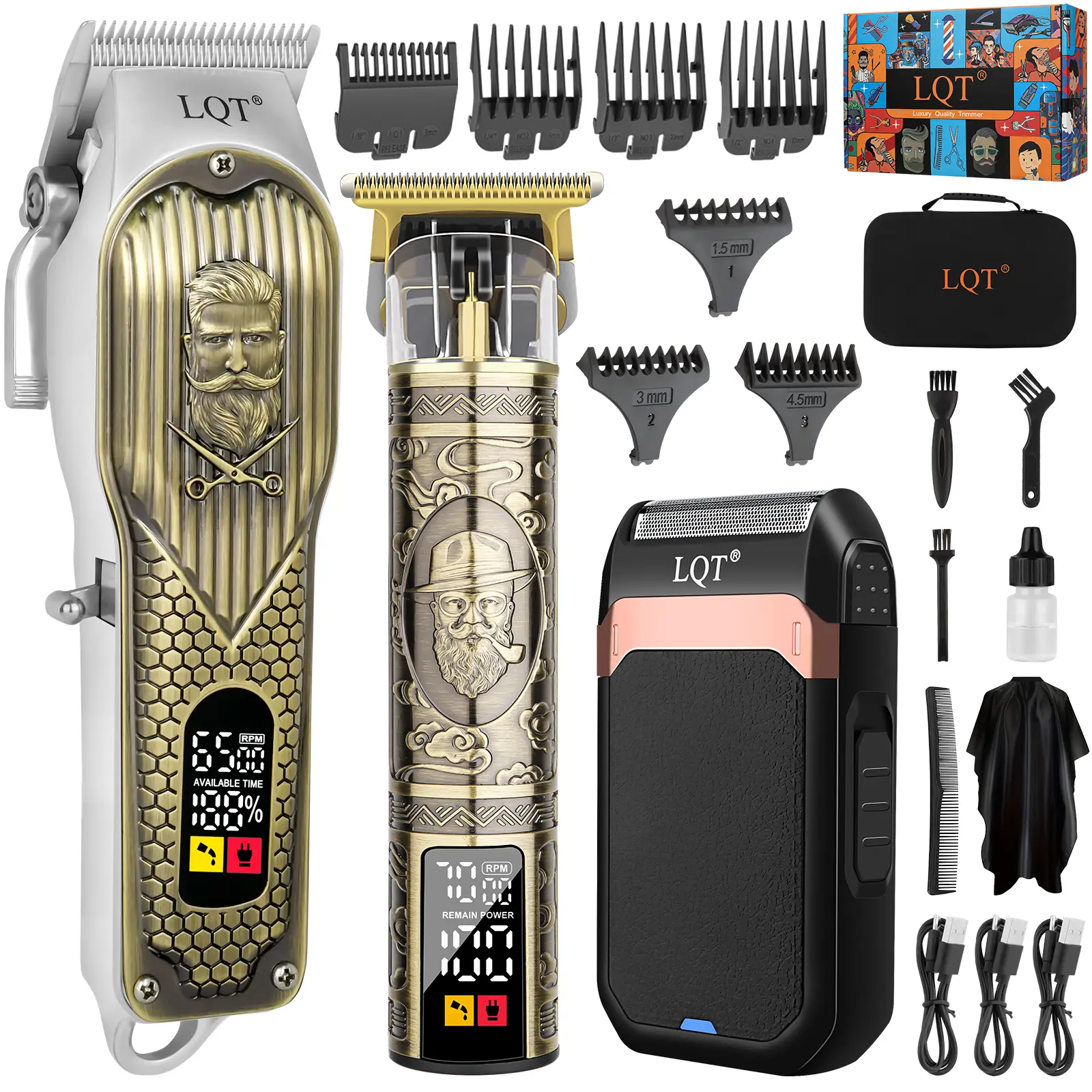 LQT 3-in-1 Men's Grooming Kit with Adjustable Trimmer & Foil Shaver, USB Port Rechargeable Set for Face Grooming, Vintage Bronze Design, Birthday Gift