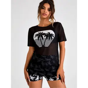 3 Piece Swimsuit Set with Mesh T-Shirt Cover Up for Women 2026 Black White Palm Tree Print Retro Sunset Sheer Short Sleeve Top with Boy Shorts Modest Casual Beachwear Pool Vacation Wear