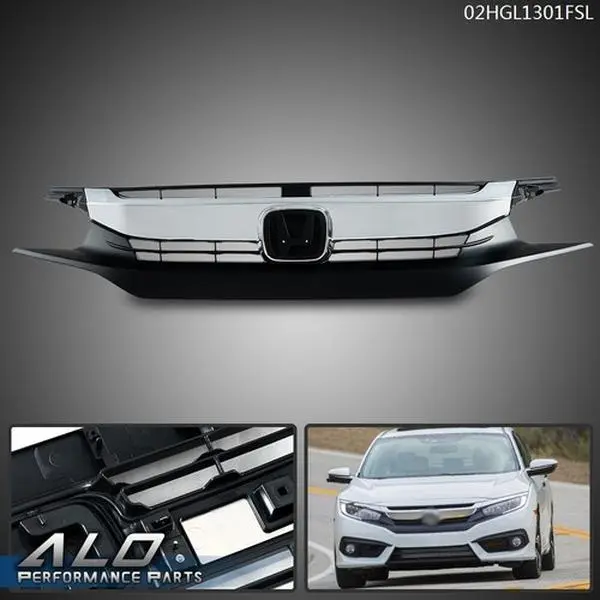 Fit For 2016-2018 Honda Civic 10th Black Front Upper Grille Grill w/ Chrome Trim