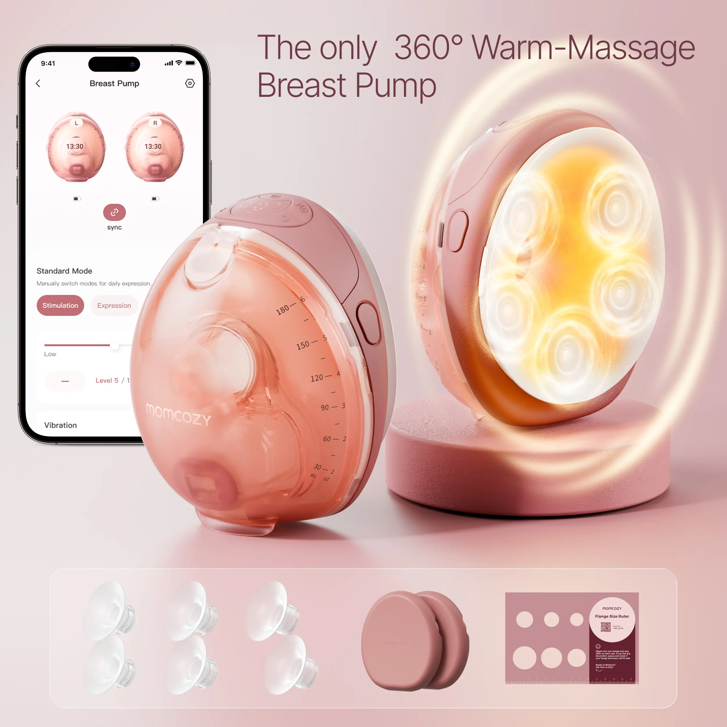 Momcozy Wellness 1 Wearable Breast Pump, Warm-Massage Hands-Free Pump with Heated Flange&Simulated Massage for Comfortable Breastfeeding&Let-Down, App-Controlled, 4 Modes 12 Levels, 180ml/6oz
