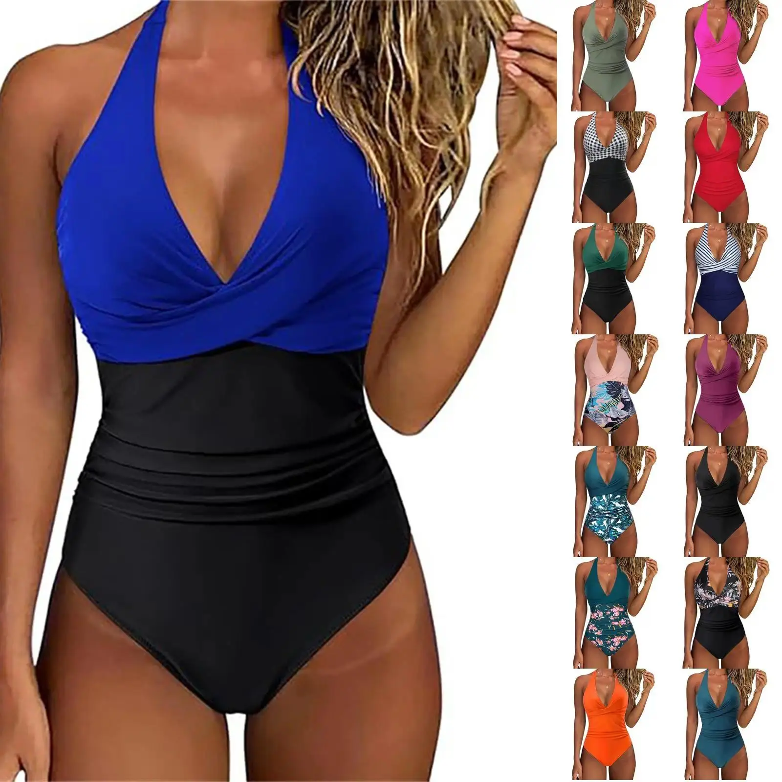 Tummy Control Swimsuit Summer Sexy Cross Front Striped One Piece Beach Halter Neck Ruched Backless Color Block Bathing Suit