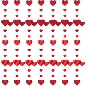 4PCS Double Heart Glitter Garland – 6.56FT Pre-Strung Valentine‘s Day Banner, Red Love Hanging String Decor for Wedding Party & Home