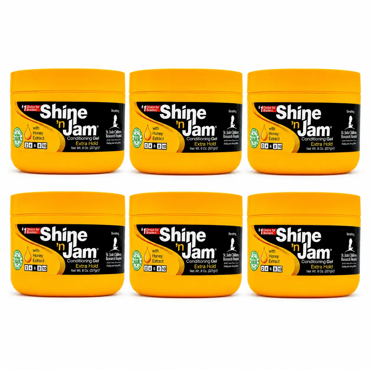 Shine-n-Jam Maximum Hold Gel with Honey Extract, 8 oz ( Pack of 6 ) Edge Control Gel for Braids, Twists, Locs, Ponytails & Sleek Hairstyles, Non-Greasy Shine