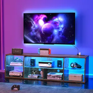 VECELO TV Stand with LED Light Strip & Power Outlets, Wood Entertainment Cente for 55/65 Inch TV Television Cabinet with Open Storage Shelves Console for Bedroom and Living Room 65inch tv