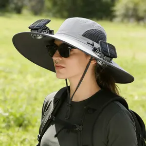 Outdoor Wide Brim Sun Hat with 2 Solar Fan Sun Bucket Hat for Men Women UPF 50+ Bucket Fishing & Beach Hat with Fan Built in（gray）