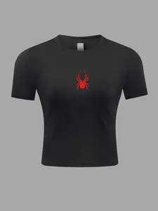 Women’s Spider Print Baby Tee | Round Neck Crop Sports T-Shirt | Quick Dry Breathable Activewear Top