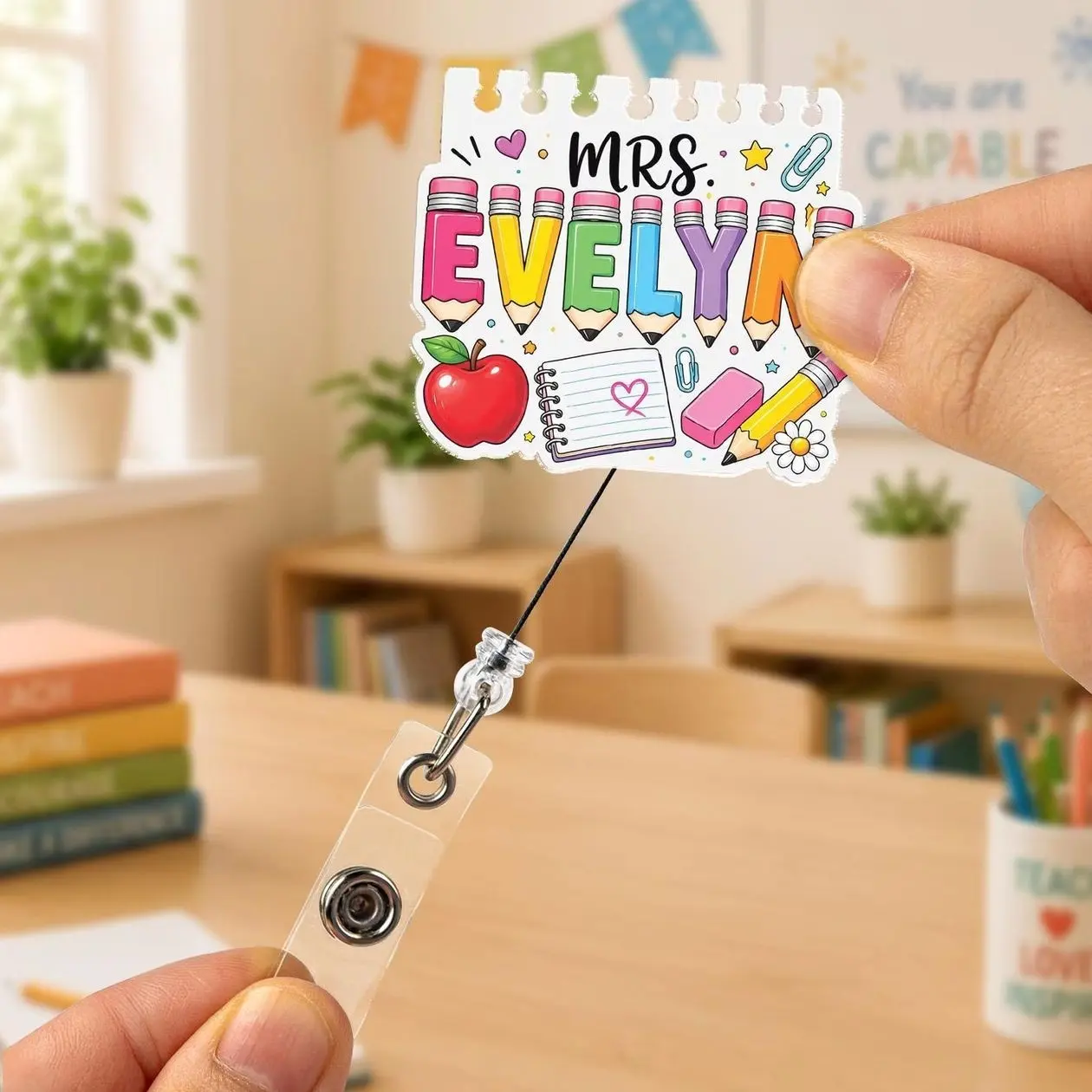 Personalized Pencil Badge Reel, Custom Teacher Name Tag, School ID Holder Gift