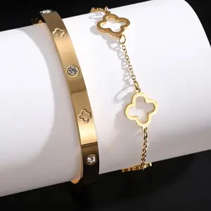 2-piece set of women's lucky four-leaf clover bracelet set, stainless steel pendant party jewelry gift