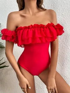 Classic Women's Halter Neck One-Piece Swimsuit, High Waisted Swimsuit, Fashionable Bathing Suit, Ruffle Bathing Suit, Casual Vacation Spa Wear, Beachwear for Ladies