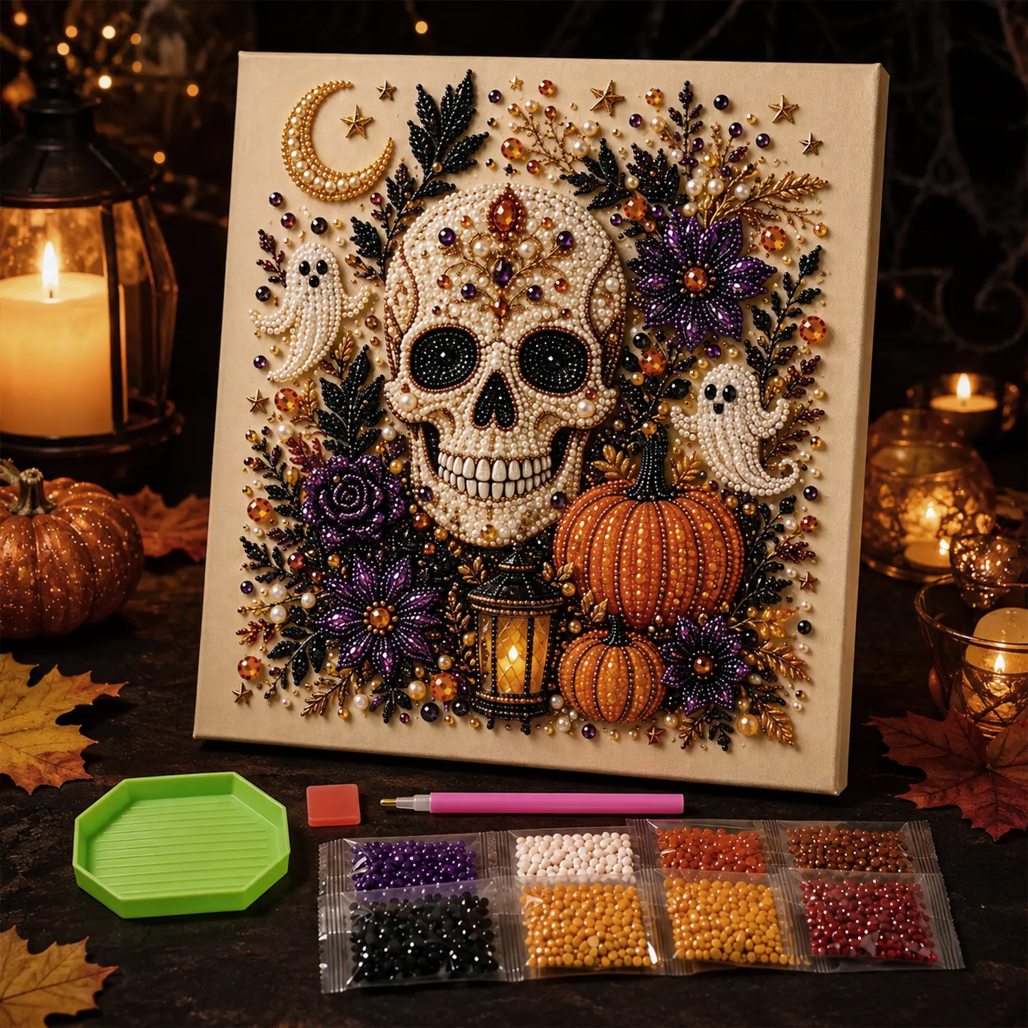 Halloween Ghost Pearl Art DIY Kit, Small Size No light Spooky Cute 3D Diamond Painting Crafts for Adults, 8inx8in  DIY Fall Home Decor Wall Art, Beginner DIY Seasonal Party Gift, Household Indoor Decoration & Holiday Party Present