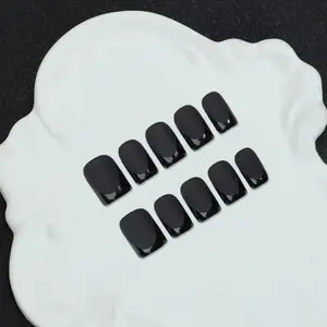 10pcs/Set Handmade Square Nail Tips, Y2K Baddie Style, Black Matte Nail Plates With French Black Edge Design, Suitable For Women & Girls, Includes Tools, Great Gift For Ladies, Handmade Acrylic Nails