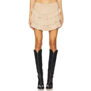 Understated Leather Frill Mini Skirt in Beige