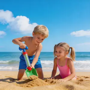 Beach sand shovel with water spraying function, doubles as a water gun. Multi-play design, unique and entertaining.