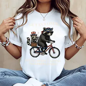Raccoon Riding Bike With American Flag Hat And Sunglasses Get In Loser T Shirt Women Casual Short Sleeve Top Summer Fashion