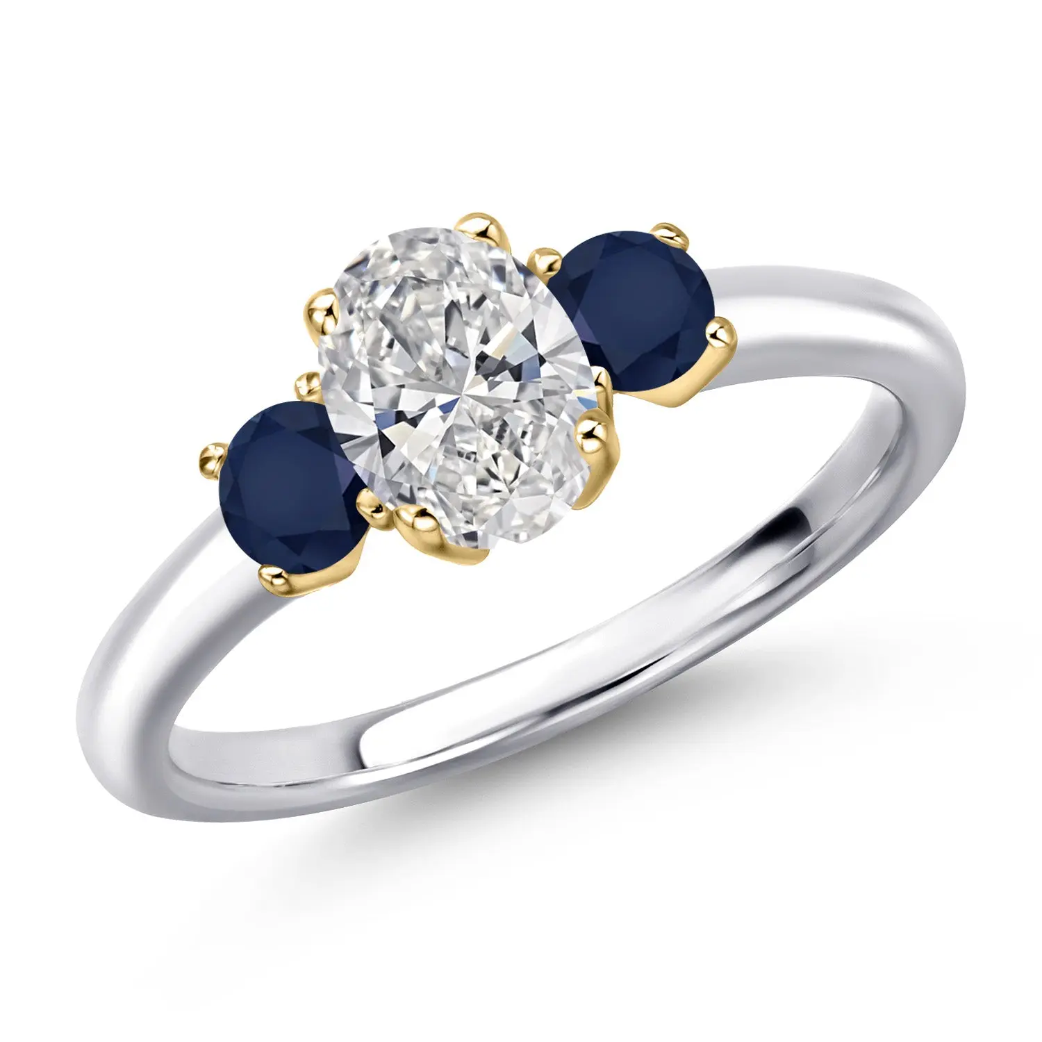 10K Two Tone Gold DEF Lab Grown Diamond and Blue Sapphire Engagement Ring For Women | 1.14 Cttw | Oval 7X5MM | Gemstone April Birthstone