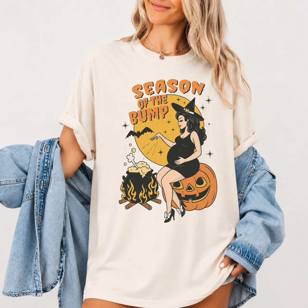 Season of the Bump Halloween Comfort Colors T-Shirt, Pregnant Witch Pumpkin Graphic Tee, Spooky Maternity Shirt, Cute Halloween Pregnancy Gift for Expecting Mom