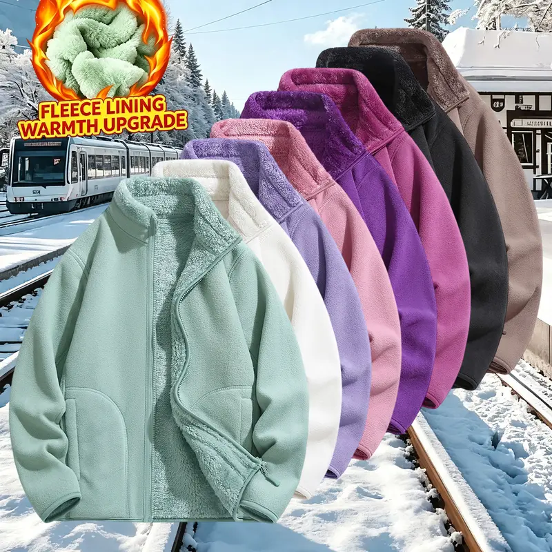 Clean Gent women’s soft fleece casual jacket, long-sleeve zip-up sports top with pockets, warm and comfortable outerwear with fleece lining, apparel, tops, basic style, women’s fashion wear.