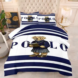 Teddy Bear Theme Comforter Set (Includes 1 Quilt And 1-2 Pillowcases), Striped Pattern Bedding, Suitable For Decorating Bedrooms For Boys, Girls, Young People, And Adults