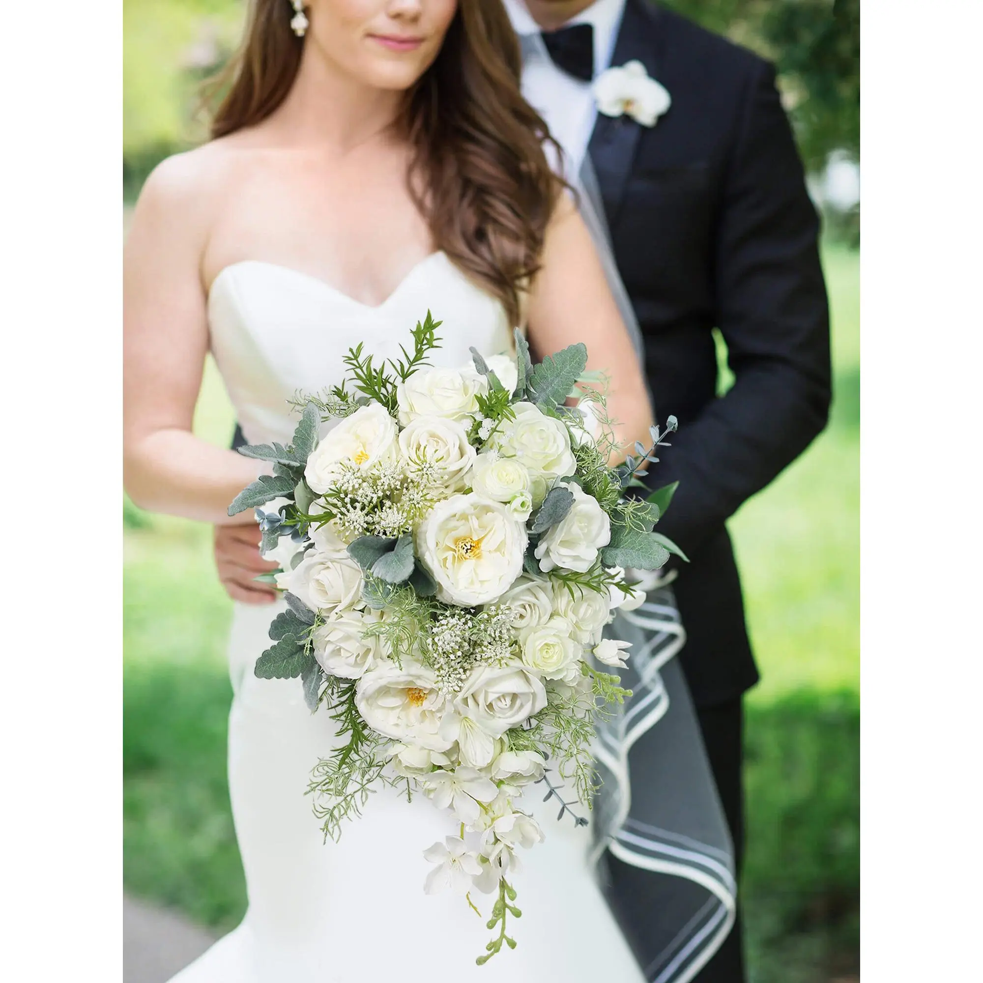 Rinlong 10.6x16.5" Sage Green & White Lace Decorative Silk Flower Cascading Bridal Bouquet, Classic Graceful Wedding Decor That Mimics Fresh Blooms, Flowers