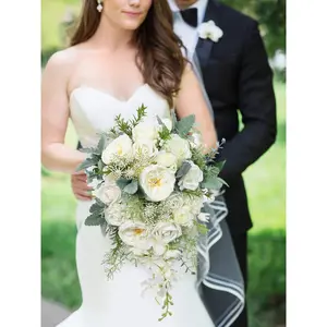 Rinlong 10.6 inch wide Sage Green & White Cascading Bridal Bouquet Classic Graceful